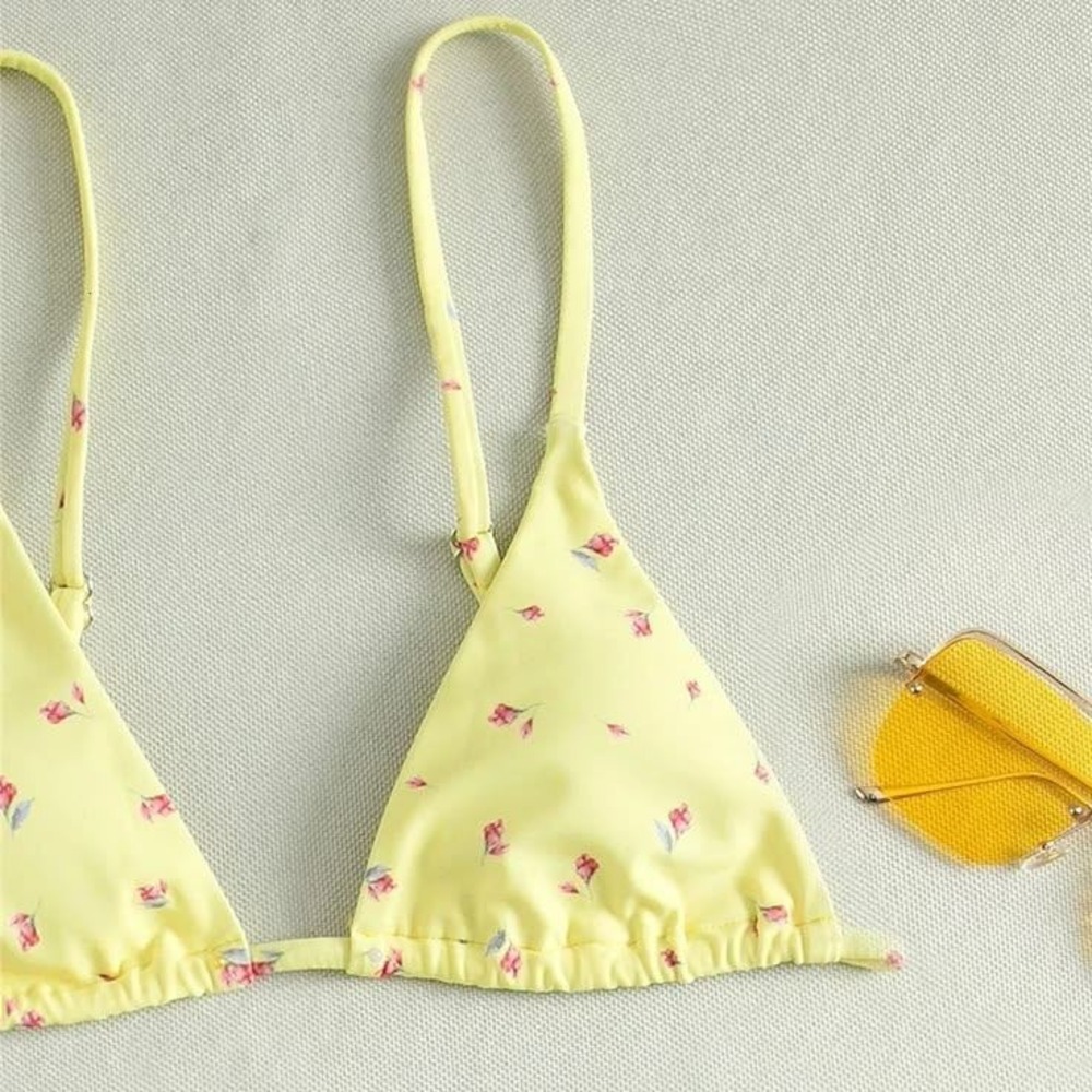 Yellow Floral Triangle Bikini Top Adjustable Straps Ruffle Trim Size M